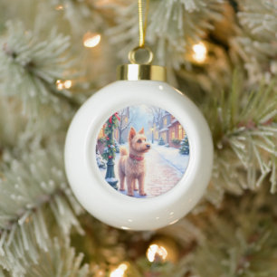 Boule En Céramique Cairn Terrier Lamppost de Village Noël Fêtard