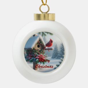 Boule En Céramique Cardinal d'hiver sur une maison d'oiseaux festive