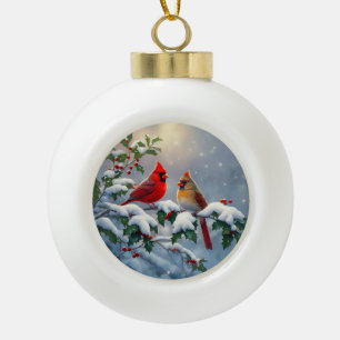 Boule En Céramique Cardinaux rouges et Holly en neige