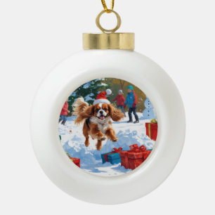 Boule En Céramique Cavalier King Charles Spaniel Neige avec Noël