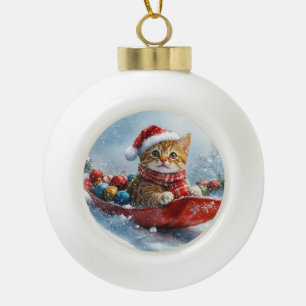 Boule En Céramique Chat abyssinien en sledge laissez-le neiger Noël