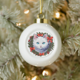 Boule En Céramique Chat blanc dans la peinture aquarelle de la couron