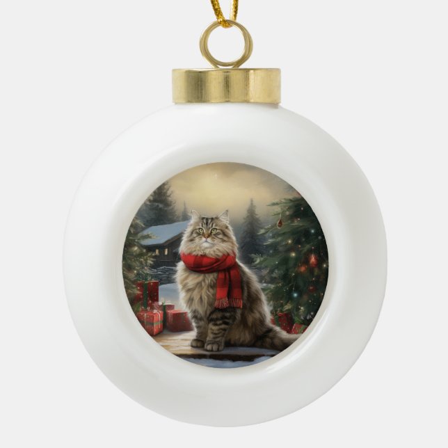 Boule En Céramique Chat de Sibérie en Noël de Neige (Devant)