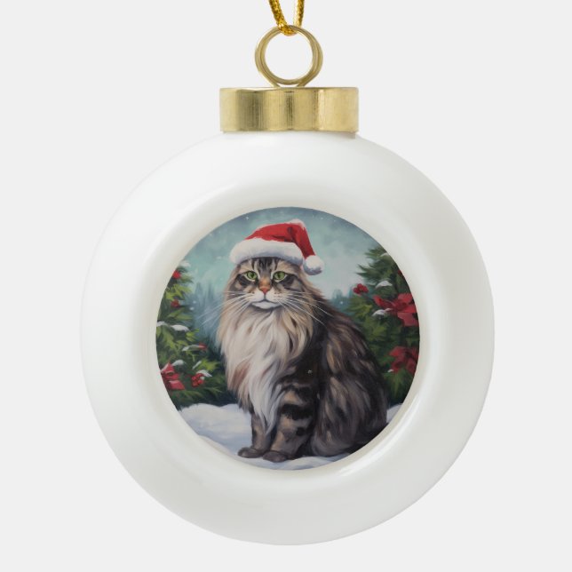 Boule En Céramique Chat Maine Coon à Noël de neige (Devant)
