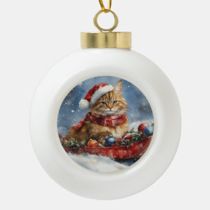 Boule En Céramique Chat Maine Coon en Traîneau Laissez-le Neiger Noël