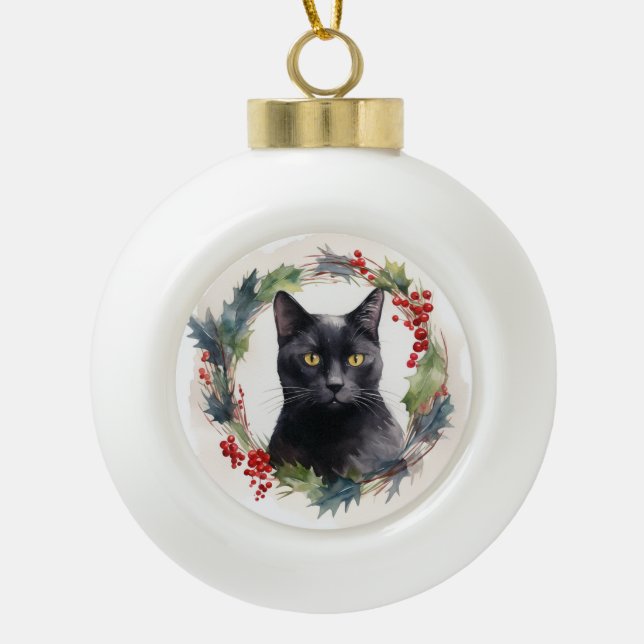 Boule En Céramique Chat noir Fête de couronnes de Noël Kitten (Devant)