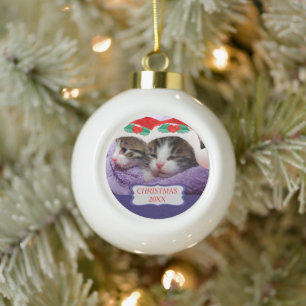 Boule En Céramique Chatons portant des chapeaux rouges Noël 20XX
