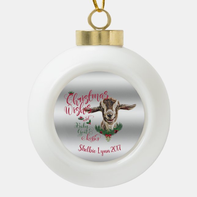 Boule En Céramique CHÈQUE | Souhaits de Noël Bébé Chèvre Baisers Basc (Devant)