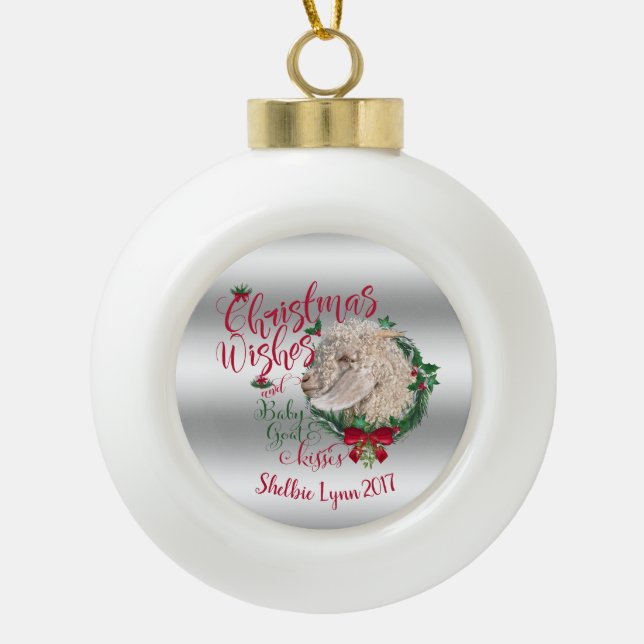 Boule En Céramique CHÈQUE | Voeux de Noël Bébé Chèvre Baisers Angora (Devant)