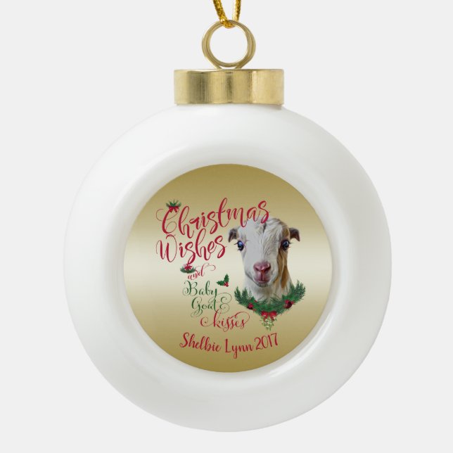 Boule En Céramique CHÈQUE | voeux de Noël Bébé Chèvre Baisers LaManch (Devant)