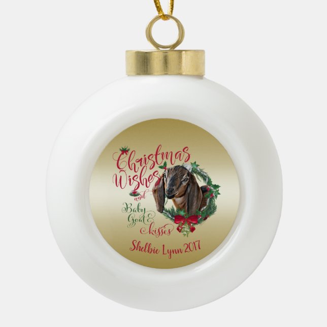 Boule En Céramique CHÈQUE | voeux de Noël Bébé Chèvre Baisers Nubian  (Devant)