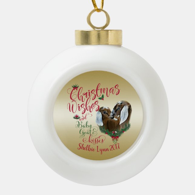 Boule En Céramique CHÈQUE | voeux de Noël Bébé Chèvre Baisers Nubiens (Devant)