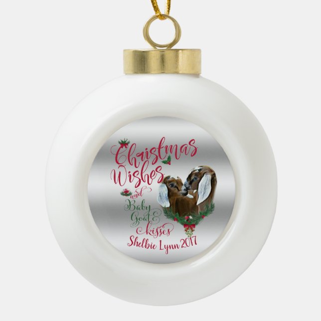 Boule En Céramique CHÈQUE | voeux de Noël Bébé Chèvre Baisers Nubiens (Devant)