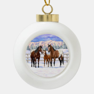 Boule En Céramique Chevaux Appaloosa De Baie Brown En Neige