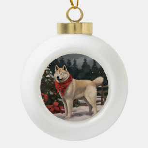 Boule En Céramique Chien Akita dans la neige de Noël