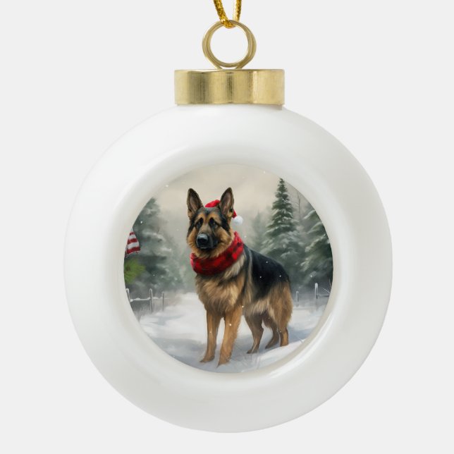 Boule En Céramique Chien berger allemand en Noël de neige (Devant)