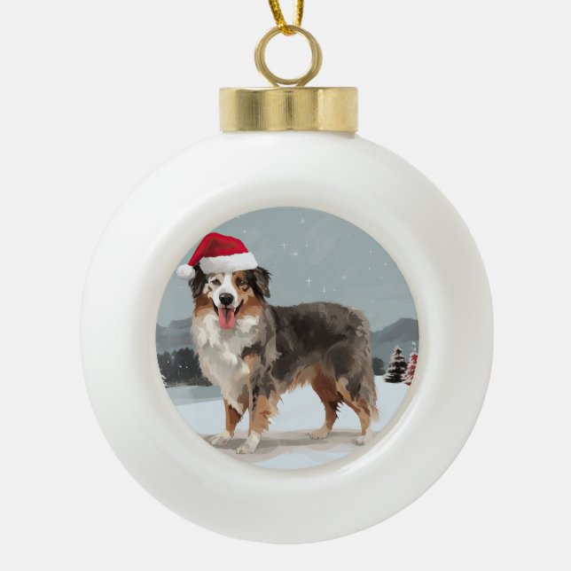 Boule En Céramique Chien berger australien en Noël de neige (Devant)