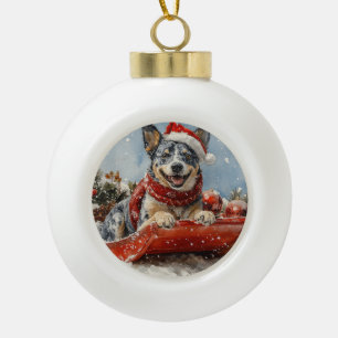 Boule En Céramique Chien Blue Heeler en traîneau Laissez neige Noël