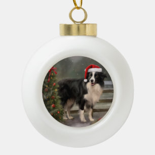 Boule En Céramique Chien Border Collie dans la neige de Noël