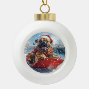 Boule En Céramique Chien Bouledogue dans Luge Laissez Tomber la Neige