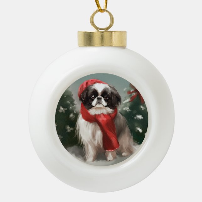 Boule En Céramique Chien chinois japonais à Noël de neige (Devant)