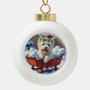 Boule En Céramique Chien Coton de Tulear Fluffy Luge de Noël Vintage