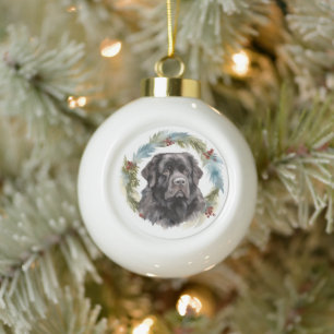 Boule En Céramique Chien de Noël festif de Terre-Neuve