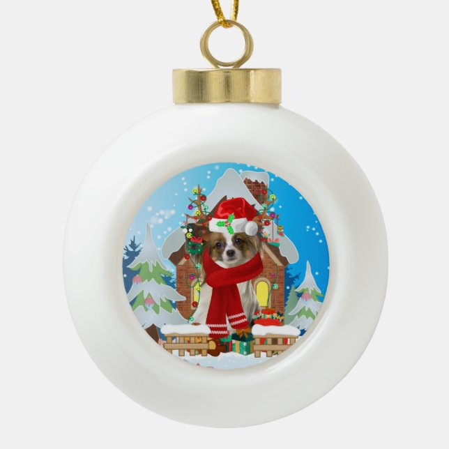 Boule En Céramique Chien de Papillon avec cadeaux de Noël (Devant)