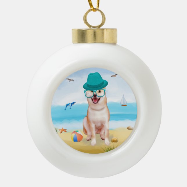 Boule En Céramique Chien de Shiba Inu sur la plage (Devant)