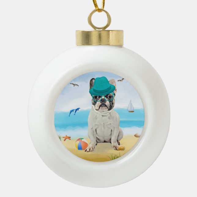 Boule En Céramique Chien de taureau français sur la plage (Devant)