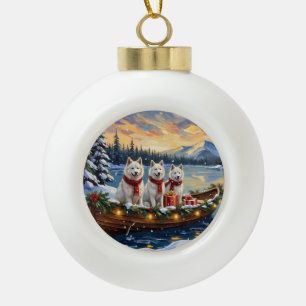 Boule En Céramique Chien Esquimau Américain Blanc Noël Bateau Fêtes