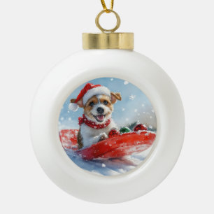 Boule En Céramique Chien Jack Russell en traîneau Laissez neige Noël
