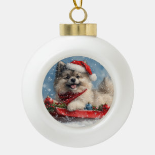 Boule En Céramique Chien Keeshond en Traîneau Qu'il neige Noël