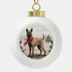 Boule En Céramique Chien Malinois Belge dans la neige de Noël