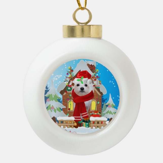Boule En Céramique Chien maltais avec cadeaux de Noël (Devant)