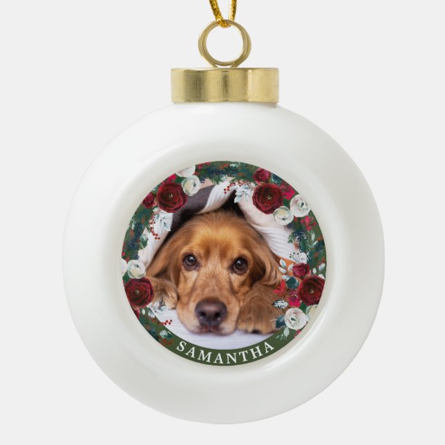 Boule En Céramique Chien photo animal rouge Rose Wreath (Devant)