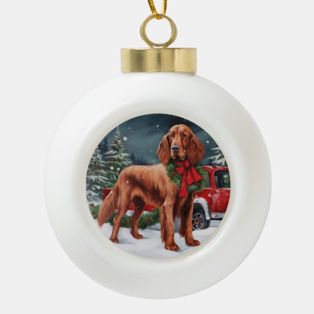 Boule En Céramique Chien rouge irlandais à la neige Noël (Devant)