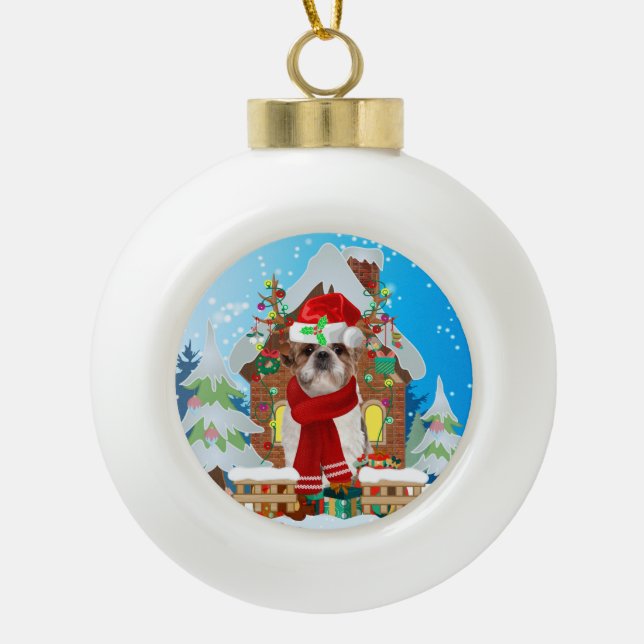 Boule En Céramique Chien Shih Tzu avec cadeaux de Noël (Devant)
