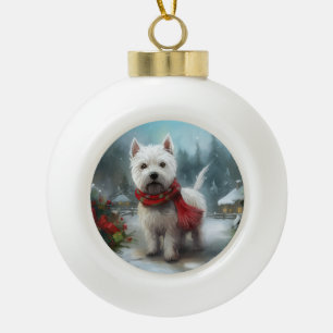 Boule En Céramique Chien Terrier West Highland White dans la neige de