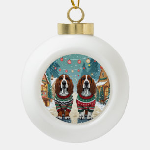 Boule En Céramique Chiens Basset Hound Noël Neige Fêtes