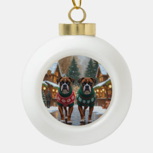 Boule En Céramique Chiens Boxer Noël Neige Fêtes 