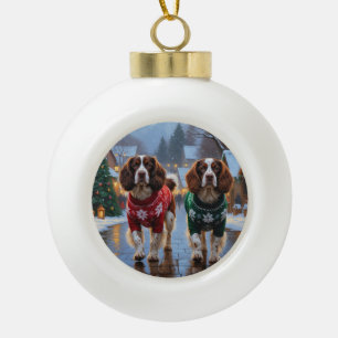 Boule En Céramique Chiens Brittany Spaniel Noël Neige Fêtes