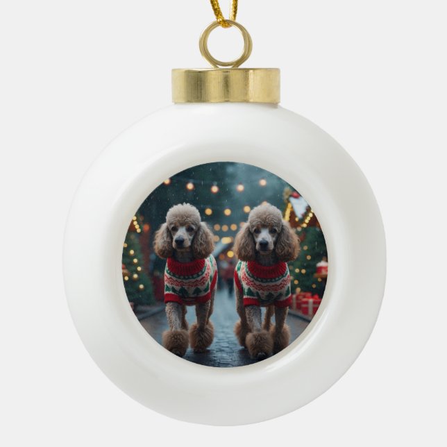 Boule En Céramique Chiens Caniches Noël Neige Fêtes  (Devant)