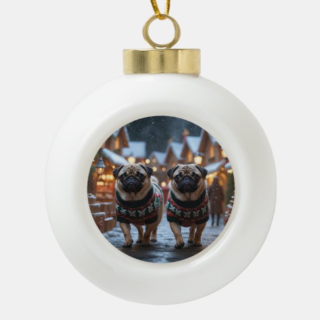 Boule En Céramique Chiens Carlin Noël Neige Fêtes (Devant)