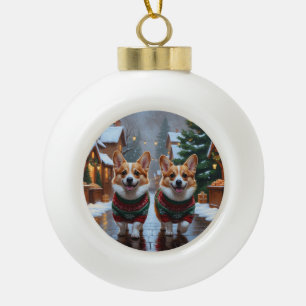 Boule En Céramique Chiens Corgi Noël Neige Fêtes