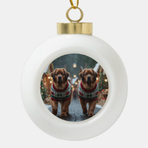 Boule En Céramique Chiens de Terre-Neuve Noël Neige Fêtes