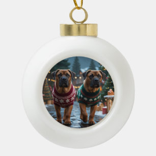 Boule En Céramique Chiens Mastiff Tibétains Noël Neige Fêtes