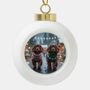 Boule En Céramique Chiens Spaniel Tibétain Noël Neige Fêtes