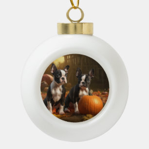 Boule En Céramique Chiots Boston Terrier Délice d'Automne Citrouille