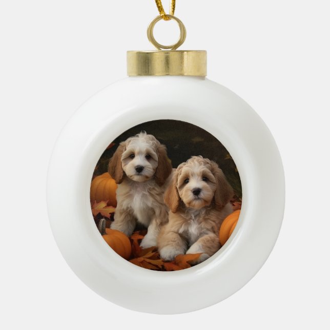 Boule En Céramique Chiots Cockapoo Délice d'Automne Citrouille  (Devant)
